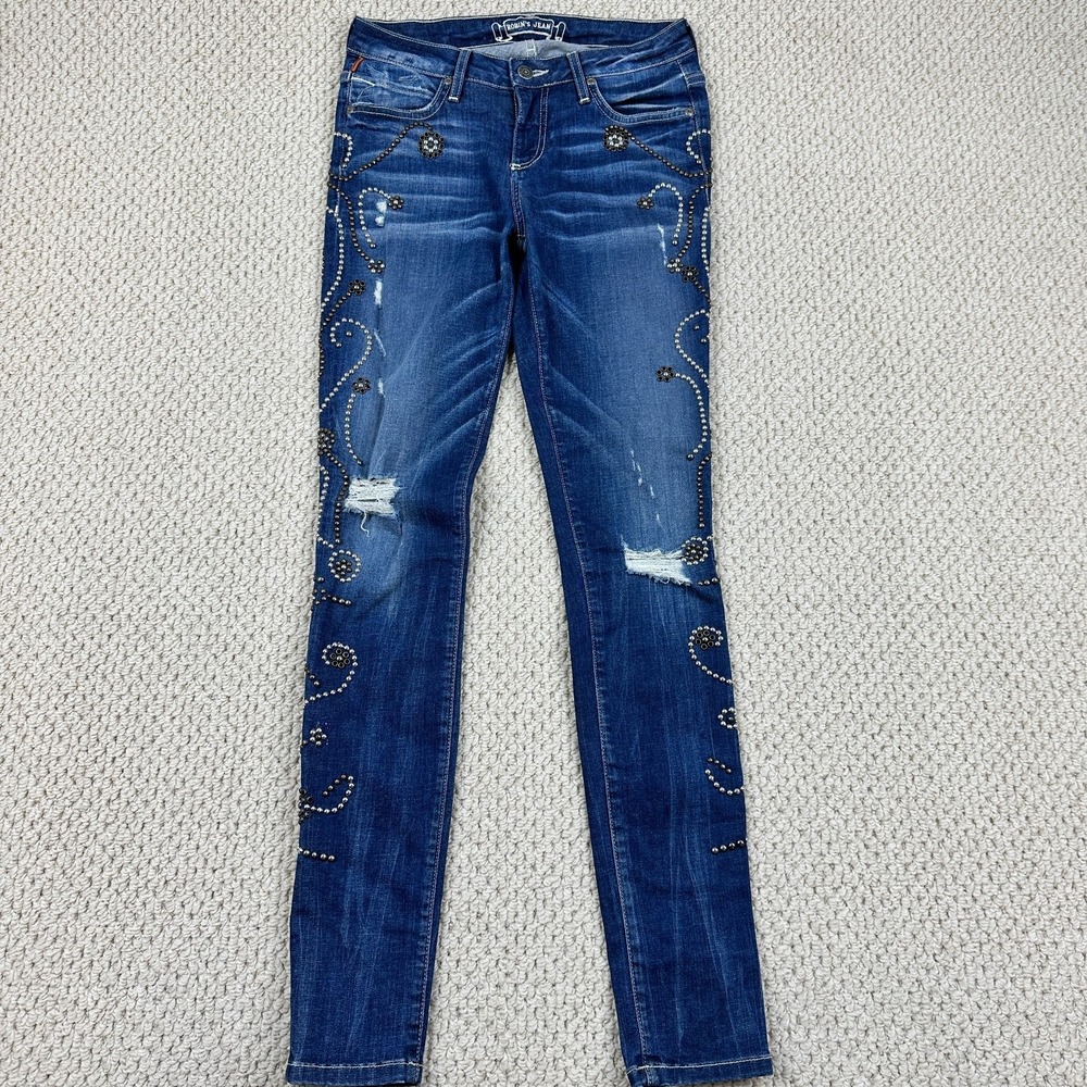 Robin's Jean Womens 27 Blue Jane Studded Distressed Low Rise Skinny Whiskered